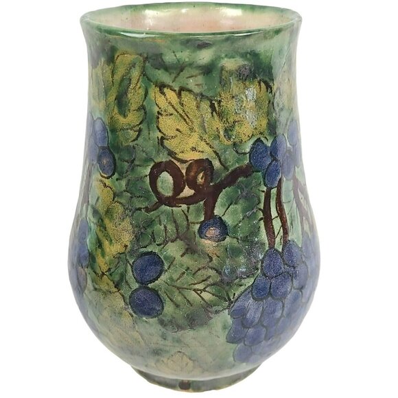 Talavera Pottery Vase La Corona Tlaxcala Mexico 6.75" Signed Grapes Grape Vine - Picture 4 of 9